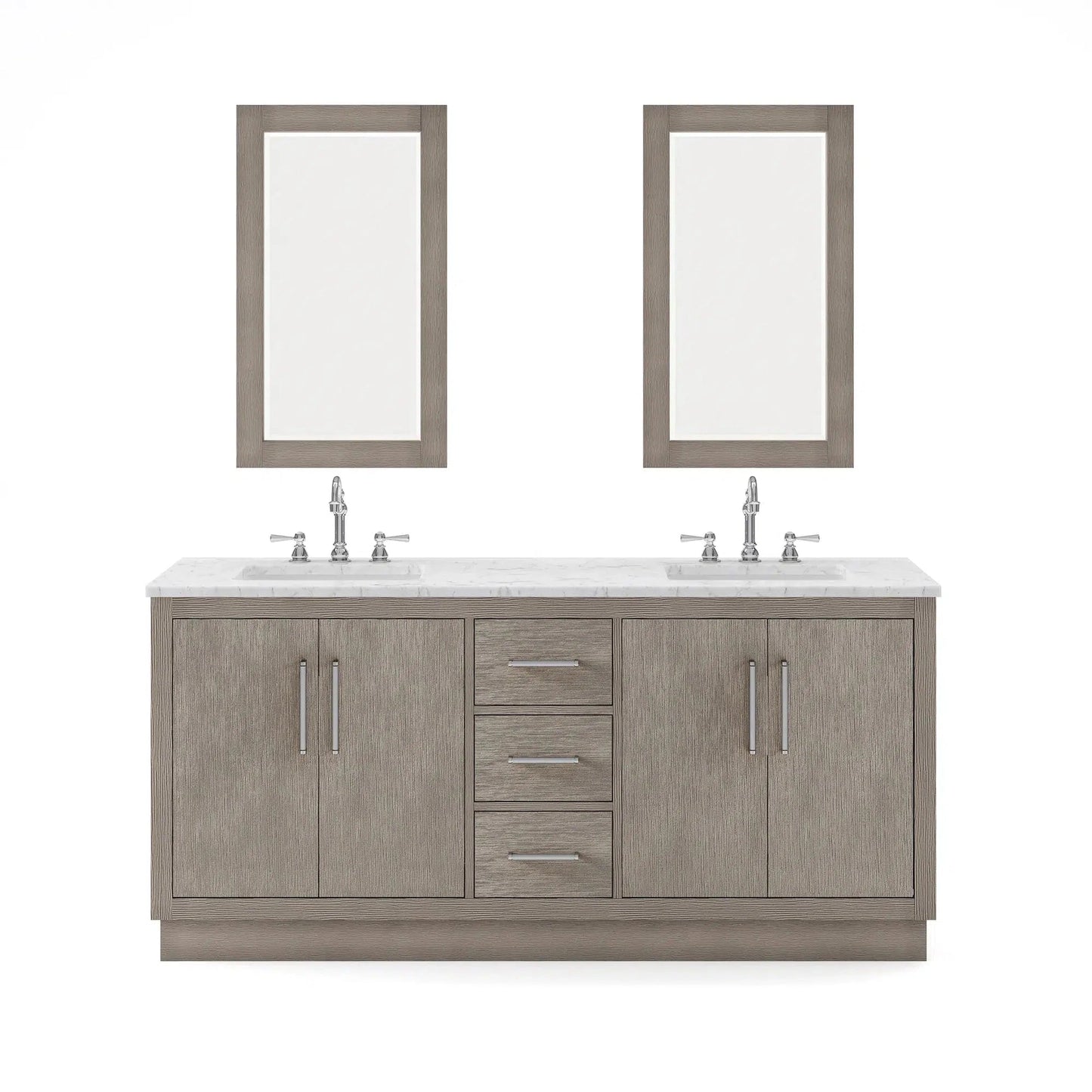 Water Creation Hugo 72" Double Sink Carrara White Marble Countertop Vanity with Chrome Pulls and Knobs And Mirrors