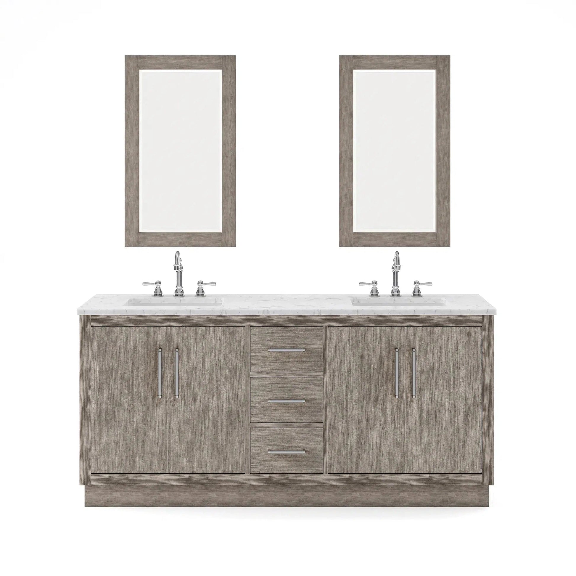 Water Creation Hugo 72" Double Sink Carrara White Marble Countertop Vanity with Chrome Pulls and Knobs And Mirrors