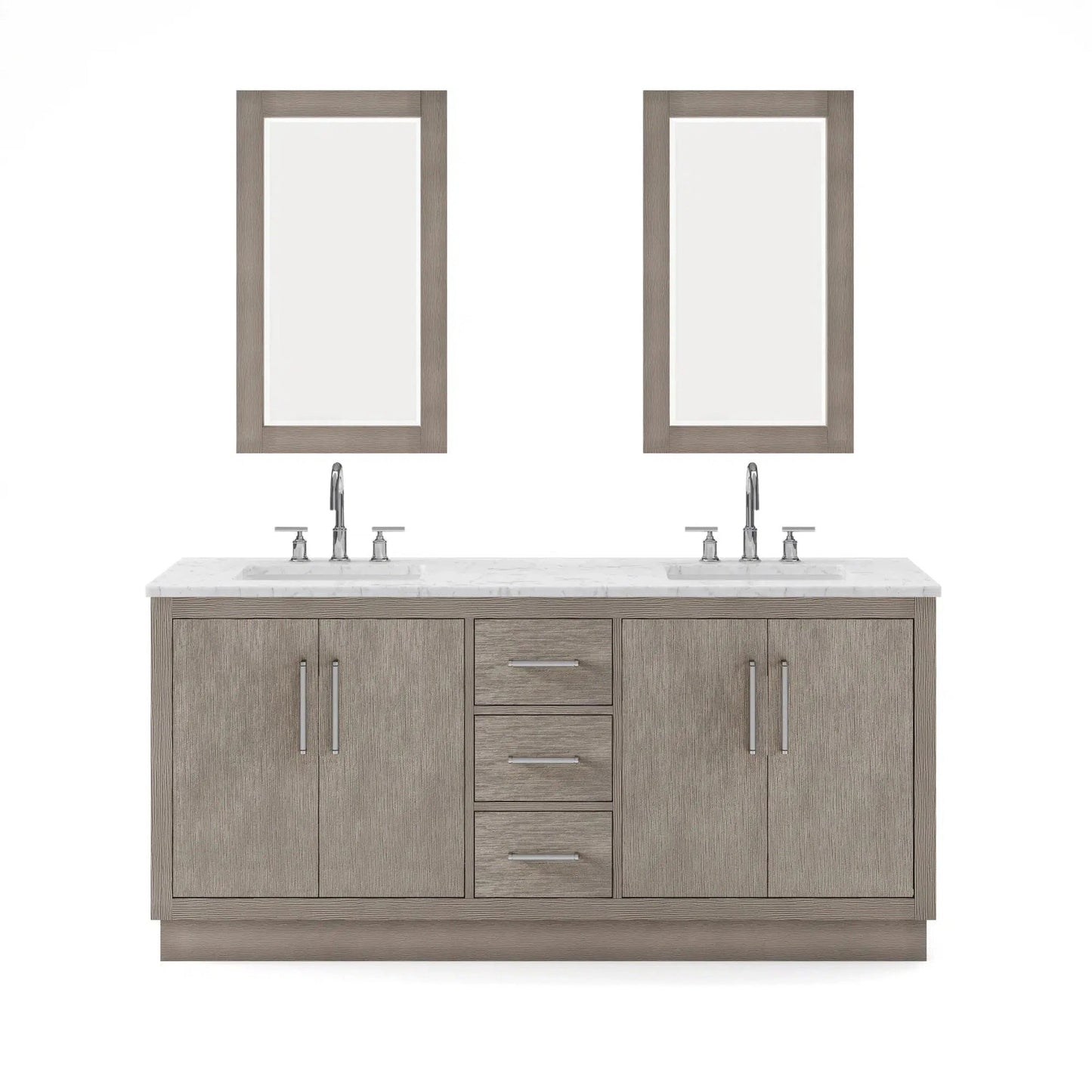 Water Creation Hugo 72" Double Sink Carrara White Marble Countertop Vanity with Chrome Pulls and Knobs with Gooseneck Faucets and Mirrors