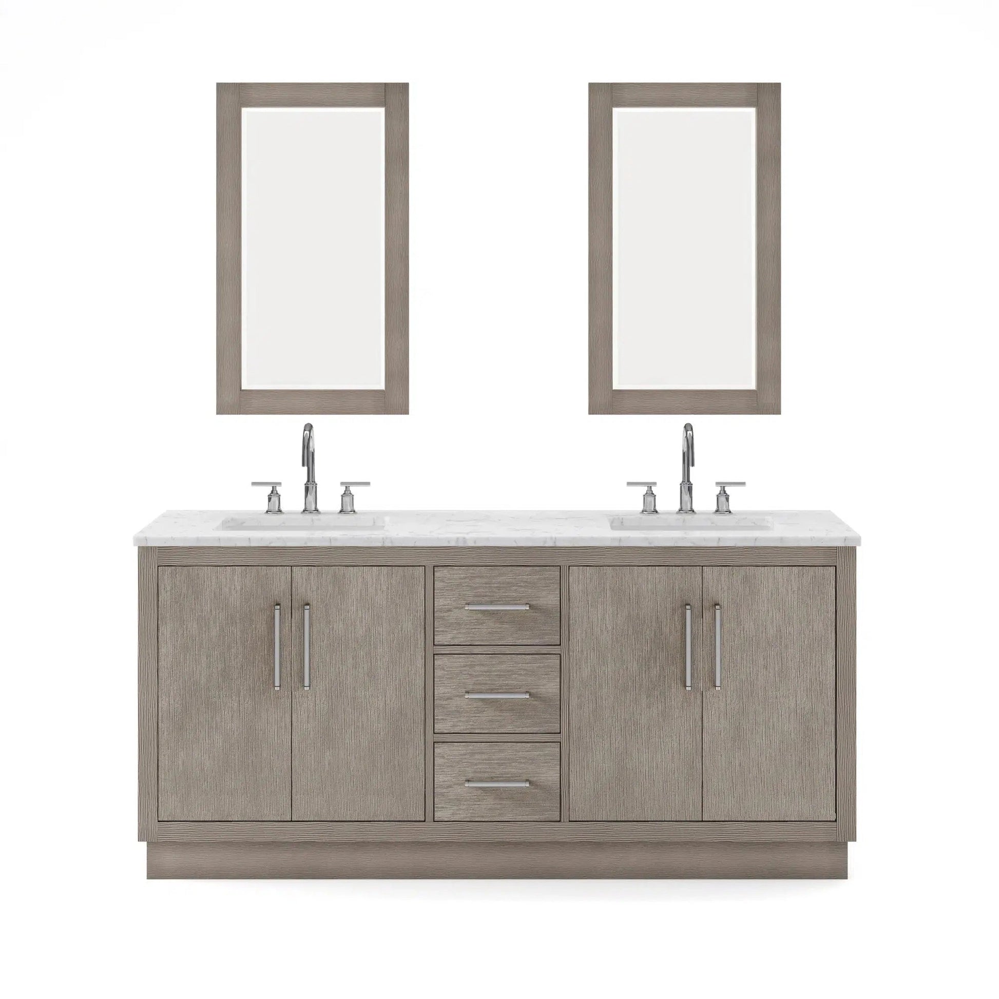 Water Creation Hugo 72" Double Sink Carrara White Marble Countertop Vanity with Chrome Pulls and Knobs with Gooseneck Faucets and Mirrors