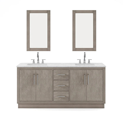Water Creation Hugo 72" Double Sink Carrara White Marble Countertop Vanity with Chrome Pulls and Knobs with Gooseneck Faucets and Mirrors