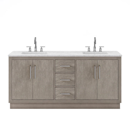 Water Creation Hugo 72" Double Sink Carrara White Marble Countertop Vanity with Chrome Pulls and Knobs with Gooseneck Faucets and Mirrors