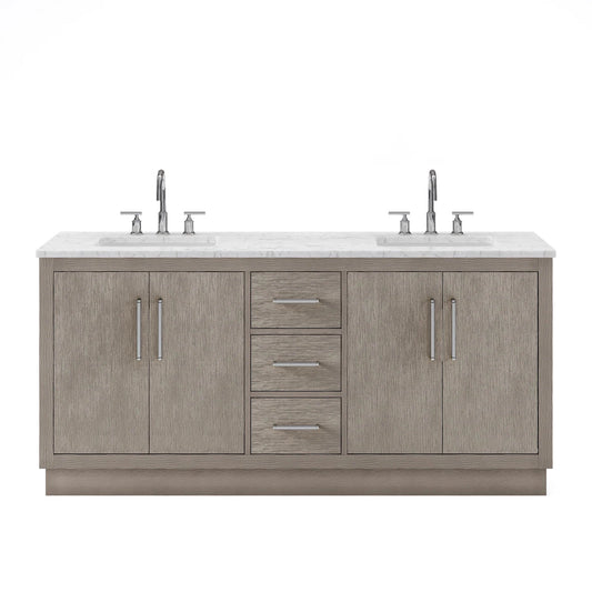 Water Creation Hugo 72" Double Sink Carrara White Marble Countertop Vanity with Chrome Pulls and Knobs with Gooseneck Faucets