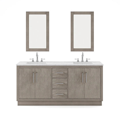 Water Creation Hugo 72" Double Sink Carrara White Marble Countertop Vanity with Chrome Pulls and Knobs with Hook Faucets and Mirrors