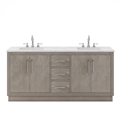 Water Creation Hugo 72" Double Sink Carrara White Marble Countertop Vanity with Chrome Pulls and Knobs with Hook Faucets and Mirrors