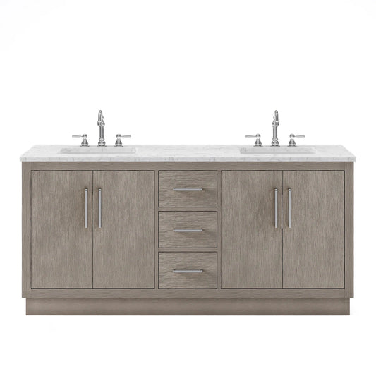 Water Creation Hugo 72" Double Sink Carrara White Marble Countertop Vanity with Chrome Pulls and Knobs with Hook Faucets