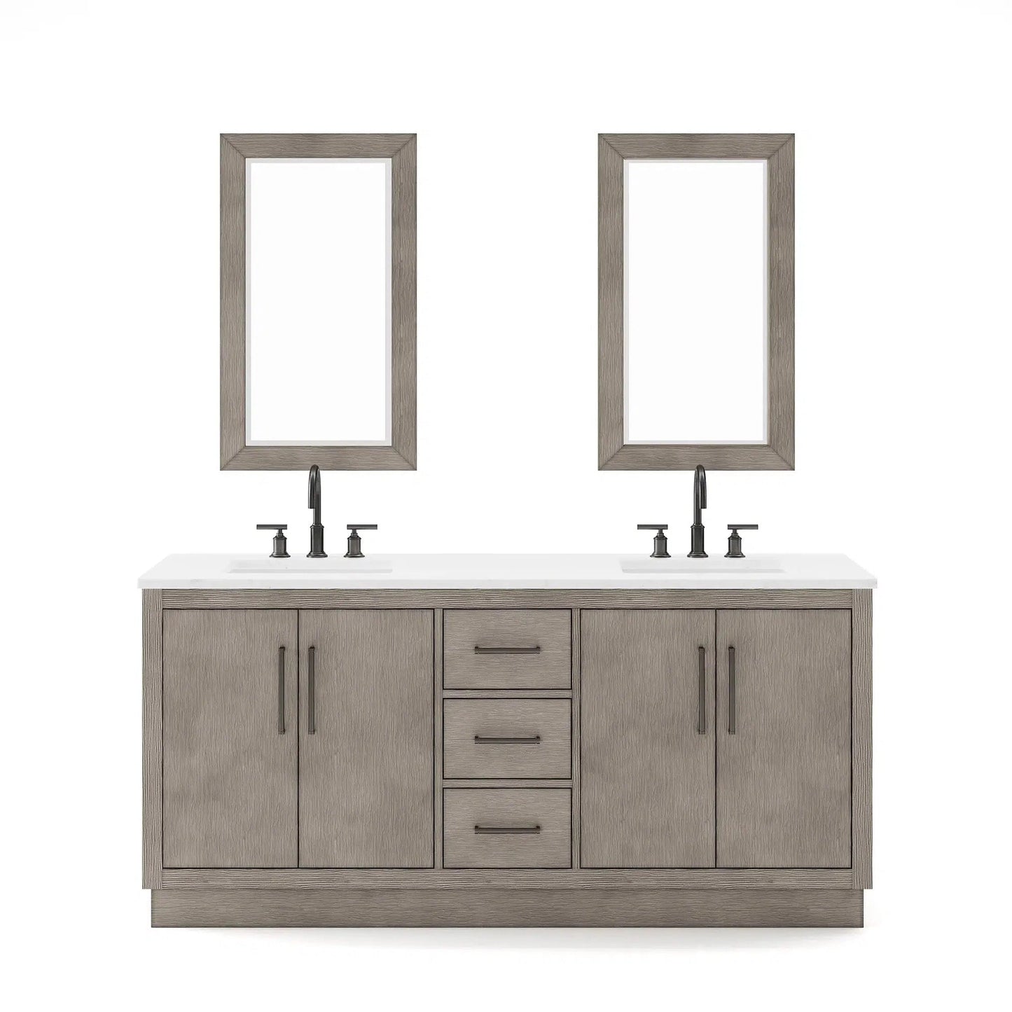 Water Creation Hugo 72" Double Sink Carrara White Marble Countertop Vanity with Oil-Rubbed Bronze Pulls and Knobs with Gooseneck Faucets and Mirrors