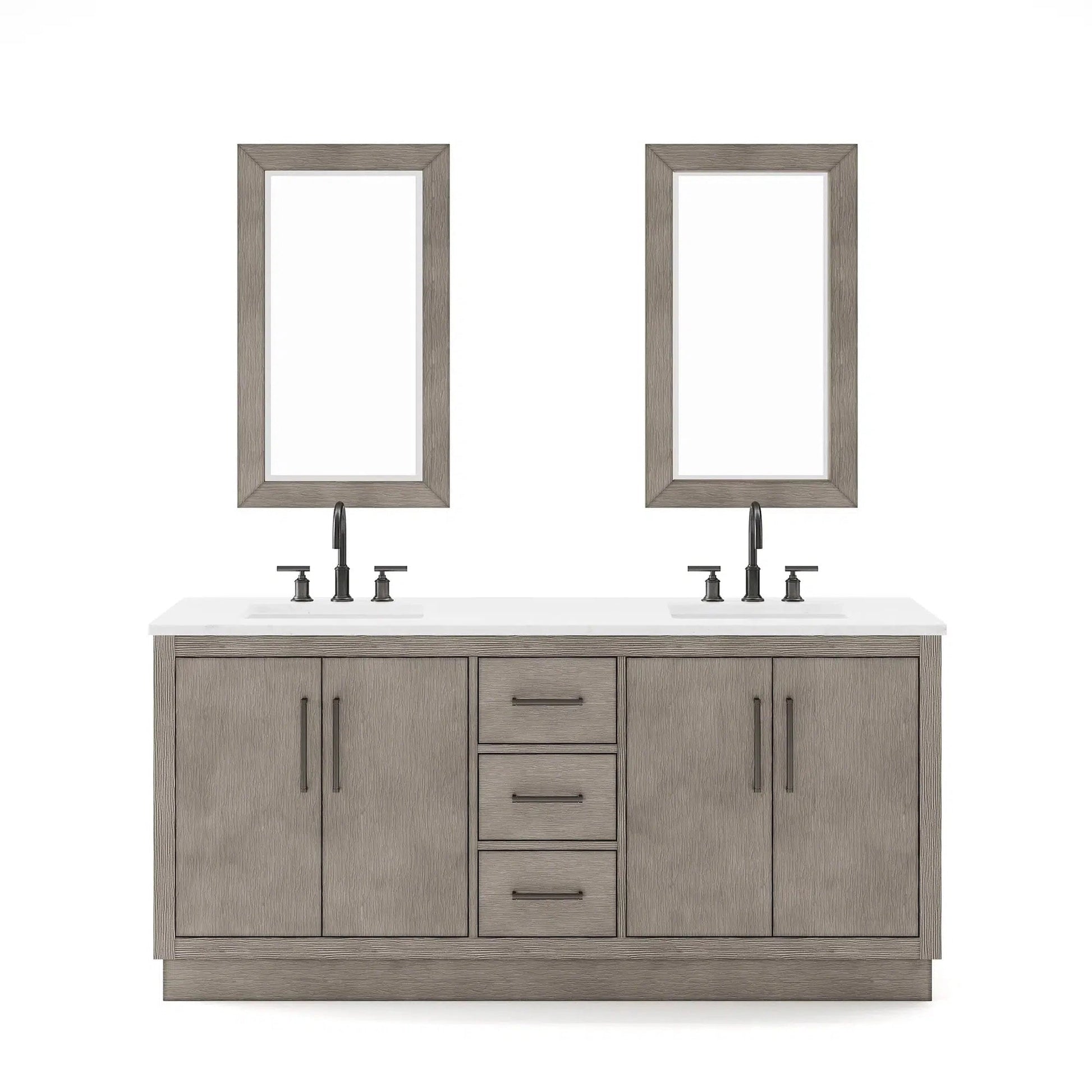 Water Creation Hugo 72" Double Sink Carrara White Marble Countertop Vanity with Oil-Rubbed Bronze Pulls and Knobs with Gooseneck Faucets and Mirrors