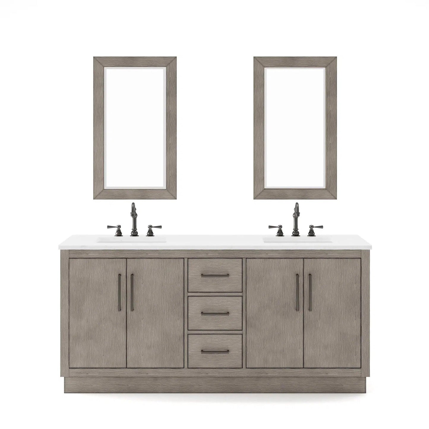 Water Creation Hugo 72" Double Sink Carrara White Marble Countertop Vanity with Oil-Rubbed Bronze Pulls and Knobs with Hook Faucets and Mirrors