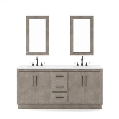 Water Creation Hugo 72" Double Sink Carrara White Marble Countertop Vanity with Oil-Rubbed Bronze Pulls and Knobs with Hook Faucets and Mirrors