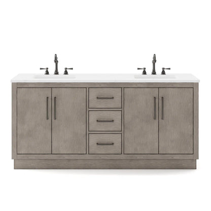 Water Creation Hugo 72" Double Sink Carrara White Marble Countertop Vanity with Oil-Rubbed Bronze Pulls and Knobs with Hook Faucets and Mirrors
