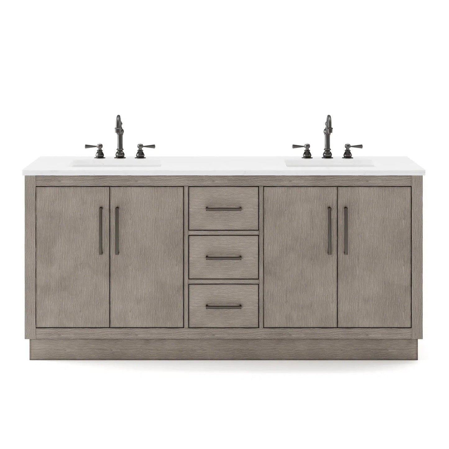 Water Creation Hugo 72" Double Sink Carrara White Marble Countertop Vanity with Oil-Rubbed Bronze Pulls and Knobs with Hook Faucets