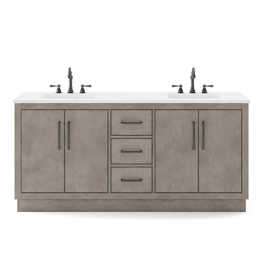 Water Creation Hugo 72" Double Sink Carrara White Marble Countertop Vanity with Oil-Rubbed Bronze Pulls and Knobs with Hook Faucets