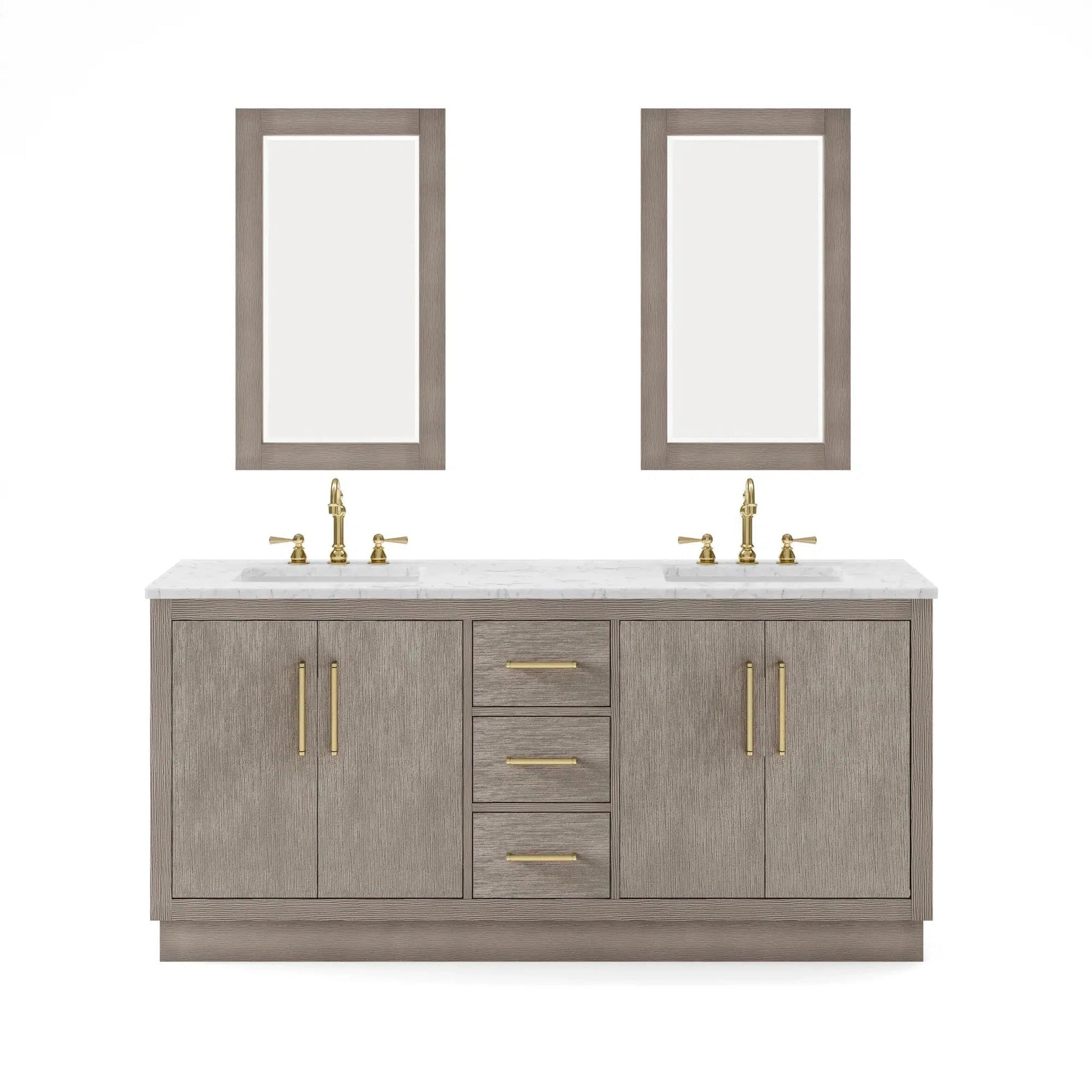 Water Creation Hugo 72" Double Sink Carrara White Marble Countertop Vanity with Satin Gold Pulls and Knobs And Mirrors