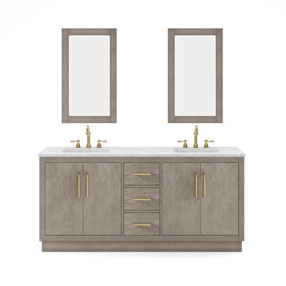 Water Creation Hugo 72" Double Sink Carrara White Marble Countertop Vanity with Satin Gold Pulls and Knobs And Mirrors