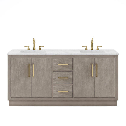Water Creation Hugo 72" Double Sink Carrara White Marble Countertop Vanity with Satin Gold Pulls and Knobs And Mirrors
