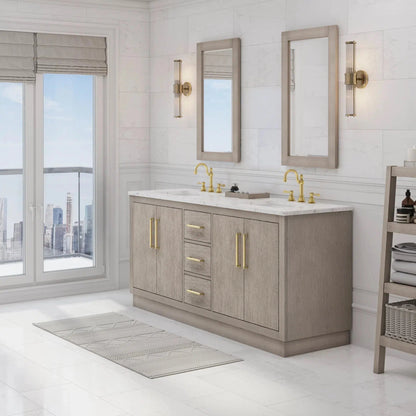 Water Creation Hugo 72" Double Sink Carrara White Marble Countertop Vanity with Satin Gold Pulls and Knobs And Mirrors