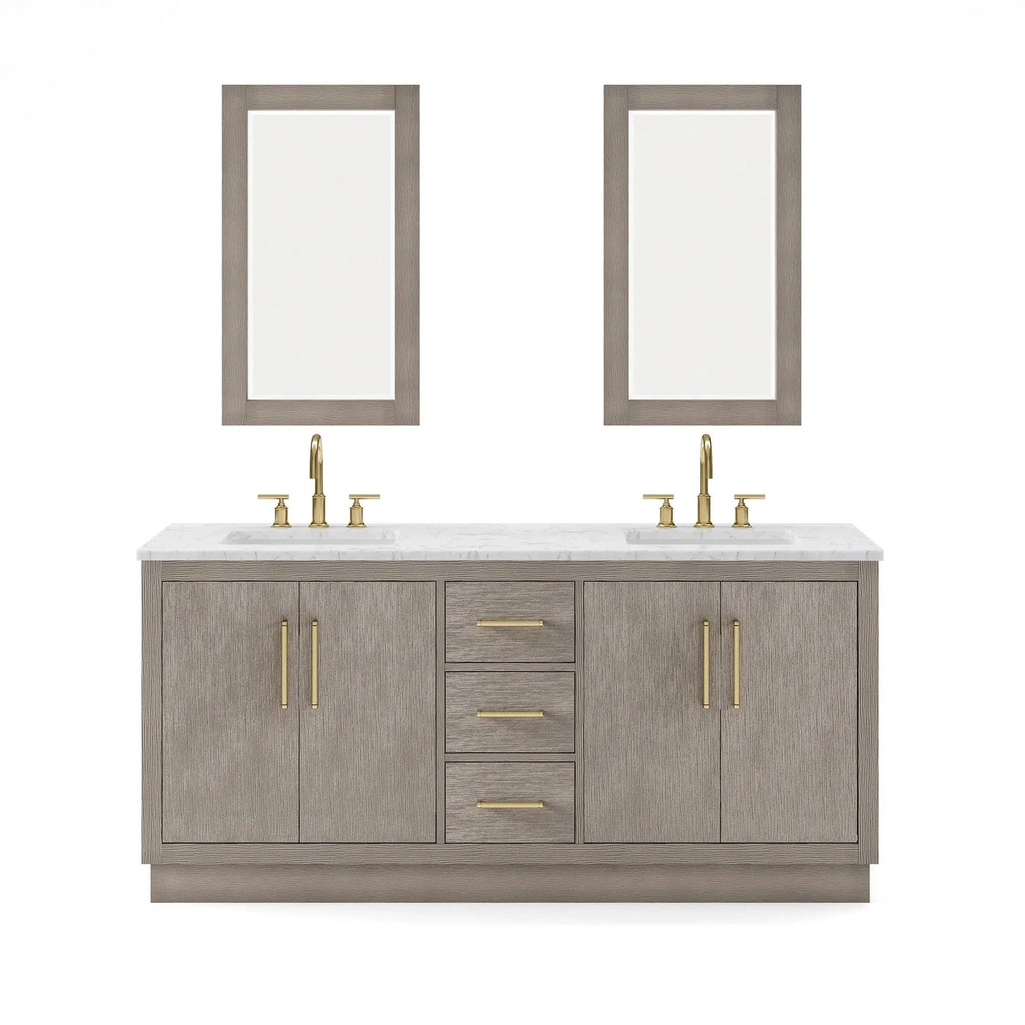 Water Creation Hugo 72" Double Sink Carrara White Marble Countertop Vanity with Satin Gold Pulls and Knobs with Gooseneck Faucets and Mirrors