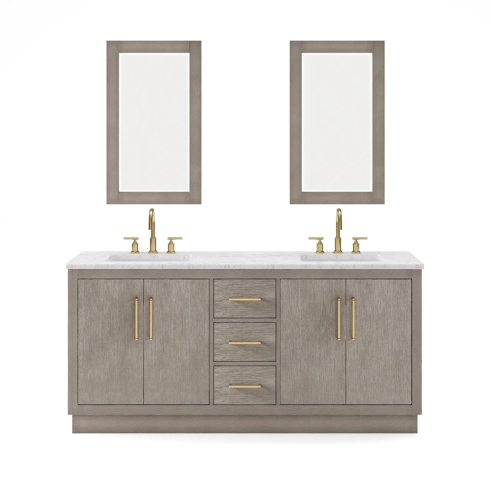 Water Creation Hugo 72" Double Sink Carrara White Marble Countertop Vanity with Satin Gold Pulls and Knobs with Gooseneck Faucets and Mirrors