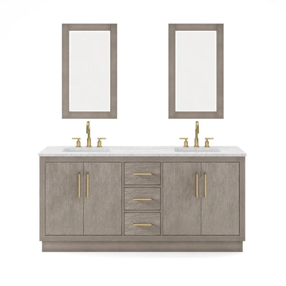 Water Creation Hugo 72" Double Sink Carrara White Marble Countertop Vanity with Satin Gold Pulls and Knobs with Gooseneck Faucets and Mirrors