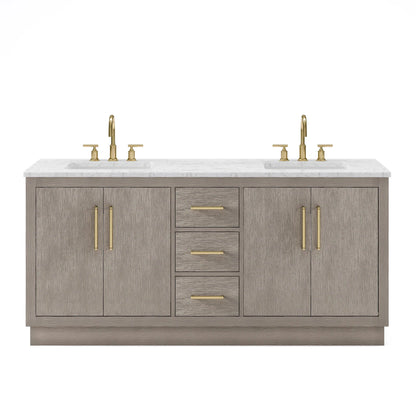 Water Creation Hugo 72" Double Sink Carrara White Marble Countertop Vanity with Satin Gold Pulls and Knobs with Gooseneck Faucets and Mirrors