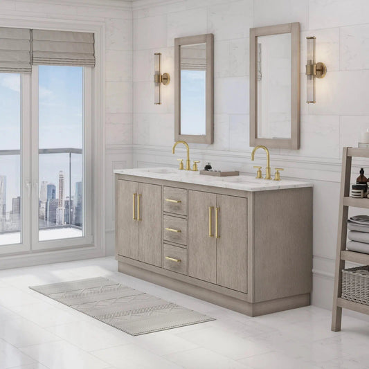 Water Creation Hugo 72" Double Sink Carrara White Marble Countertop Vanity with Satin Gold Pulls and Knobs with Gooseneck Faucets and Mirrors