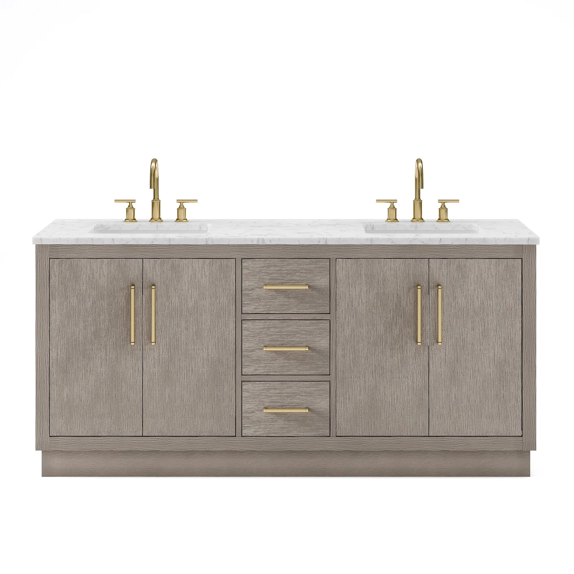 Water Creation Hugo 72" Double Sink Carrara White Marble Countertop Vanity with Satin Gold Pulls and Knobs with Gooseneck Faucets