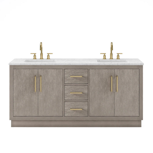 Water Creation Hugo 72" Double Sink Carrara White Marble Countertop Vanity with Satin Gold Pulls and Knobs with Gooseneck Faucets