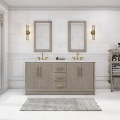 Water Creation Hugo 72" Double Sink Carrara White Marble Countertop Vanity with Satin Gold Pulls and Knobs with Hook Faucets and Mirrors