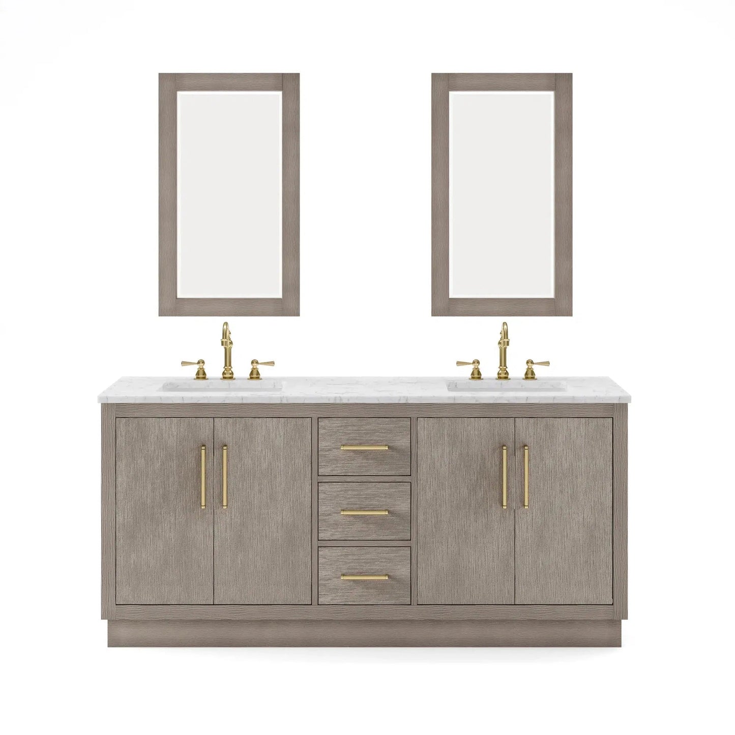Water Creation Hugo 72" Double Sink Carrara White Marble Countertop Vanity with Satin Gold Pulls and Knobs with Hook Faucets and Mirrors