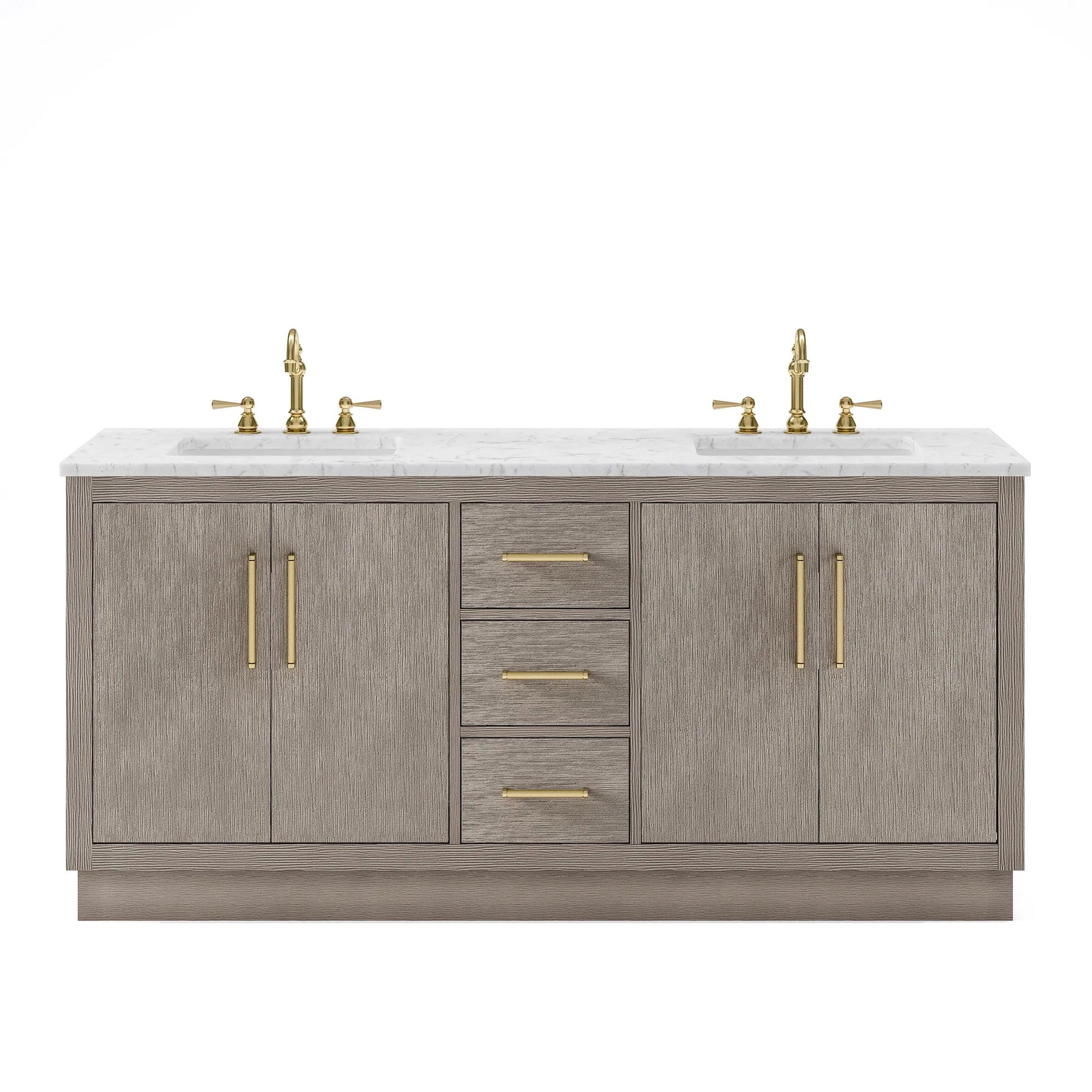 Water Creation Hugo 72" Double Sink Carrara White Marble Countertop Vanity with Satin Gold Pulls and Knobs with Hook Faucets and Mirrors
