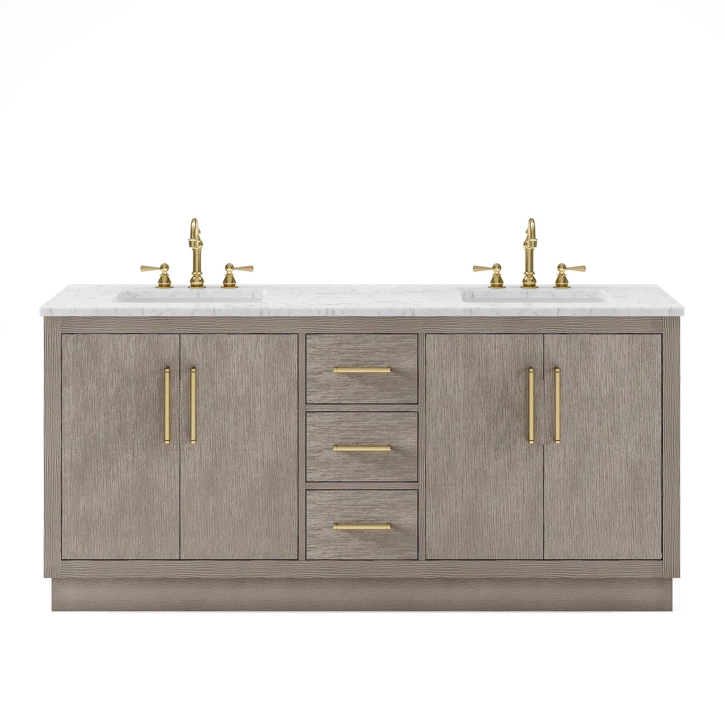 Water Creation Hugo 72" Double Sink Carrara White Marble Countertop Vanity with Satin Gold Pulls and Knobs with Hook Faucets