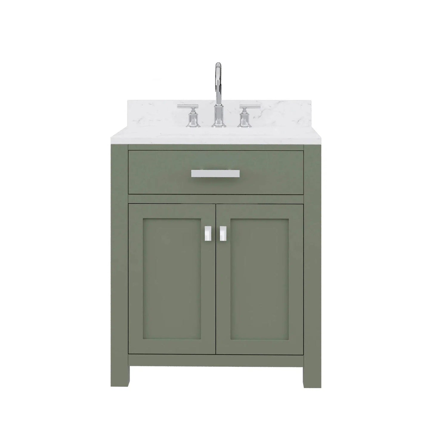 Water Creation Madison 30" Single Sink Carrara White Marble Countertop Vanity in Glacial Green with Gooseneck Faucet and Mirror