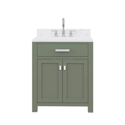 Water Creation Madison 30" Single Sink Carrara White Marble Countertop Vanity in Glacial Green with Gooseneck Faucet and Mirror