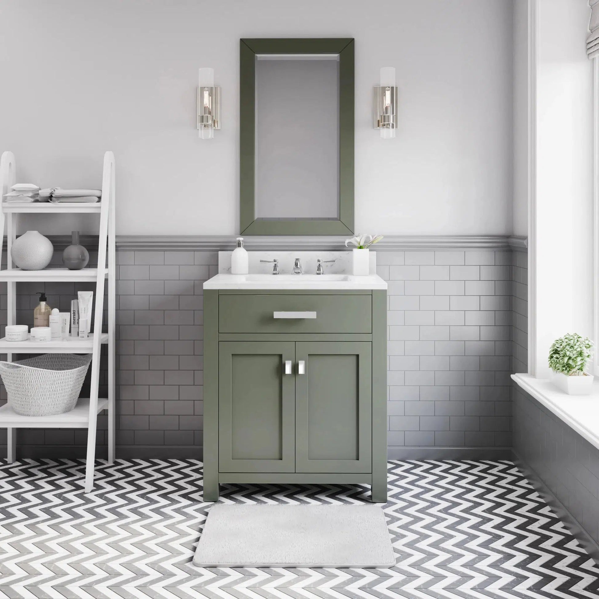 Water Creation Madison 30" Single Sink Carrara White Marble Countertop Vanity in Glacial Green with Widespread Faucet and Mirror