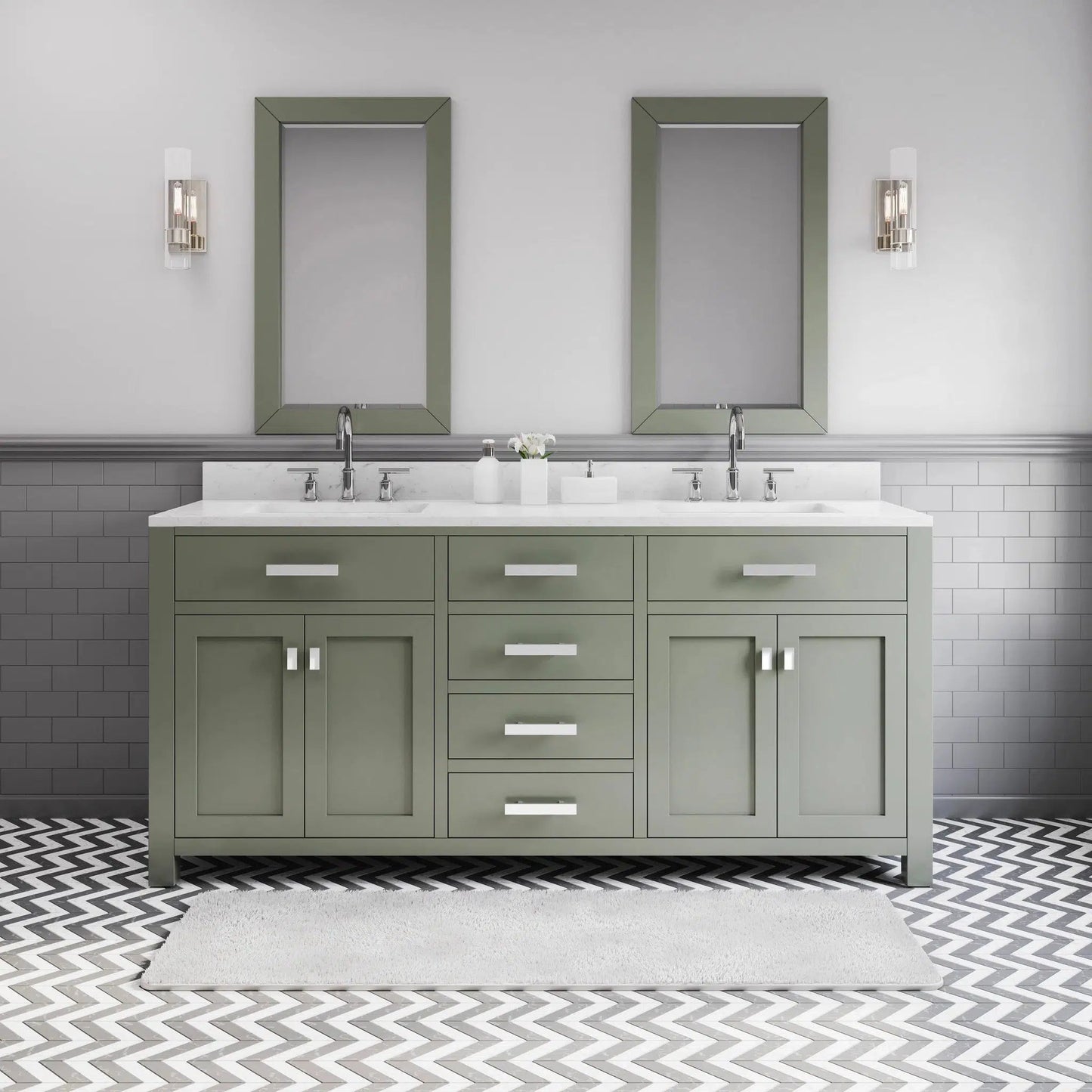 Water Creation Madison 72" Double Sink Carrara White Marble Countertop Vanity in Glacial Green with Gooseneck Faucet and Mirror