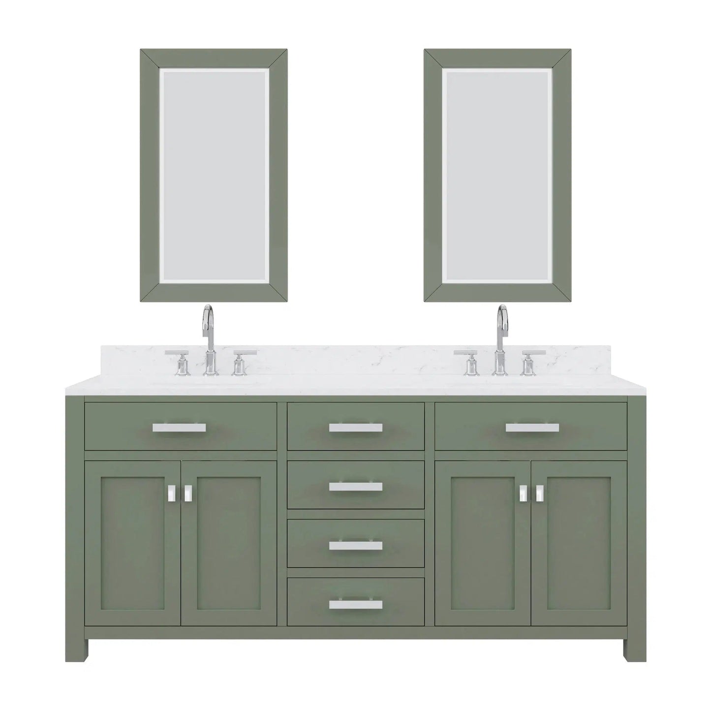 Water Creation Madison 72" Double Sink Carrara White Marble Countertop Vanity in Glacial Green with Gooseneck Faucet and Mirror