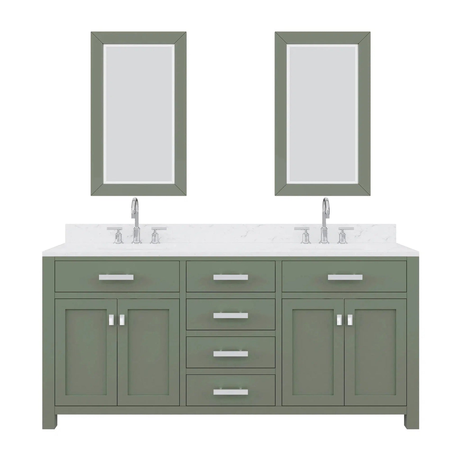 Water Creation Madison 72" Double Sink Carrara White Marble Countertop Vanity in Glacial Green with Gooseneck Faucet and Mirror