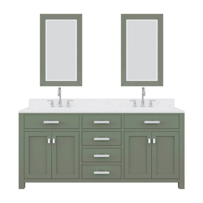 Water Creation Madison 72" Double Sink Carrara White Marble Countertop Vanity in Glacial Green with Gooseneck Faucet and Mirror