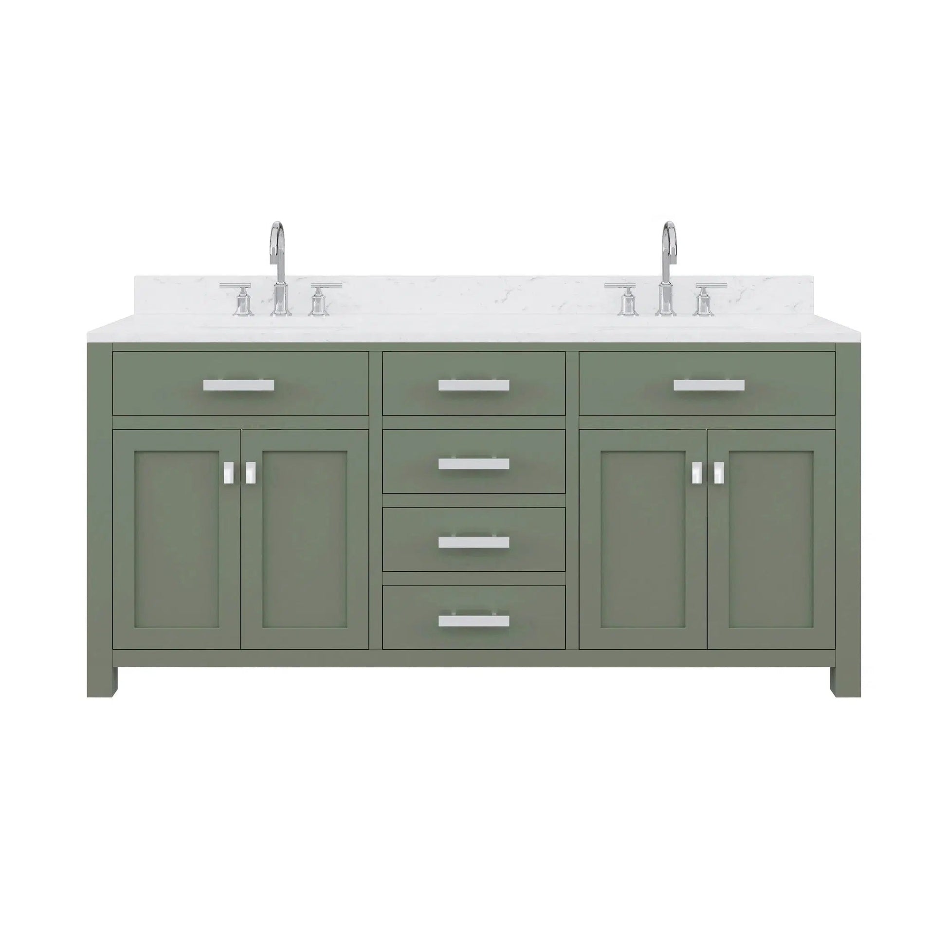 Water Creation Madison 72" Double Sink Carrara White Marble Countertop Vanity in Glacial Green with Gooseneck Faucet and Mirror