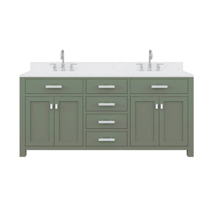 Water Creation Madison 72" Double Sink Carrara White Marble Countertop Vanity in Glacial Green with Gooseneck Faucet and Mirror
