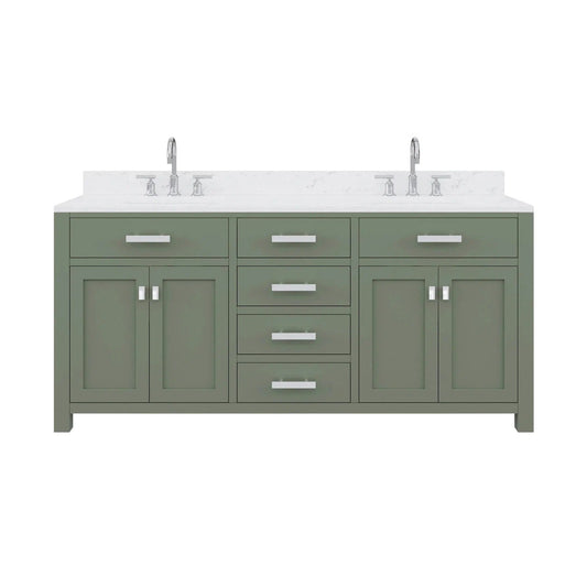 Water Creation Madison 72" Double Sink Carrara White Marble Countertop Vanity in Glacial Green with Gooseneck Faucet