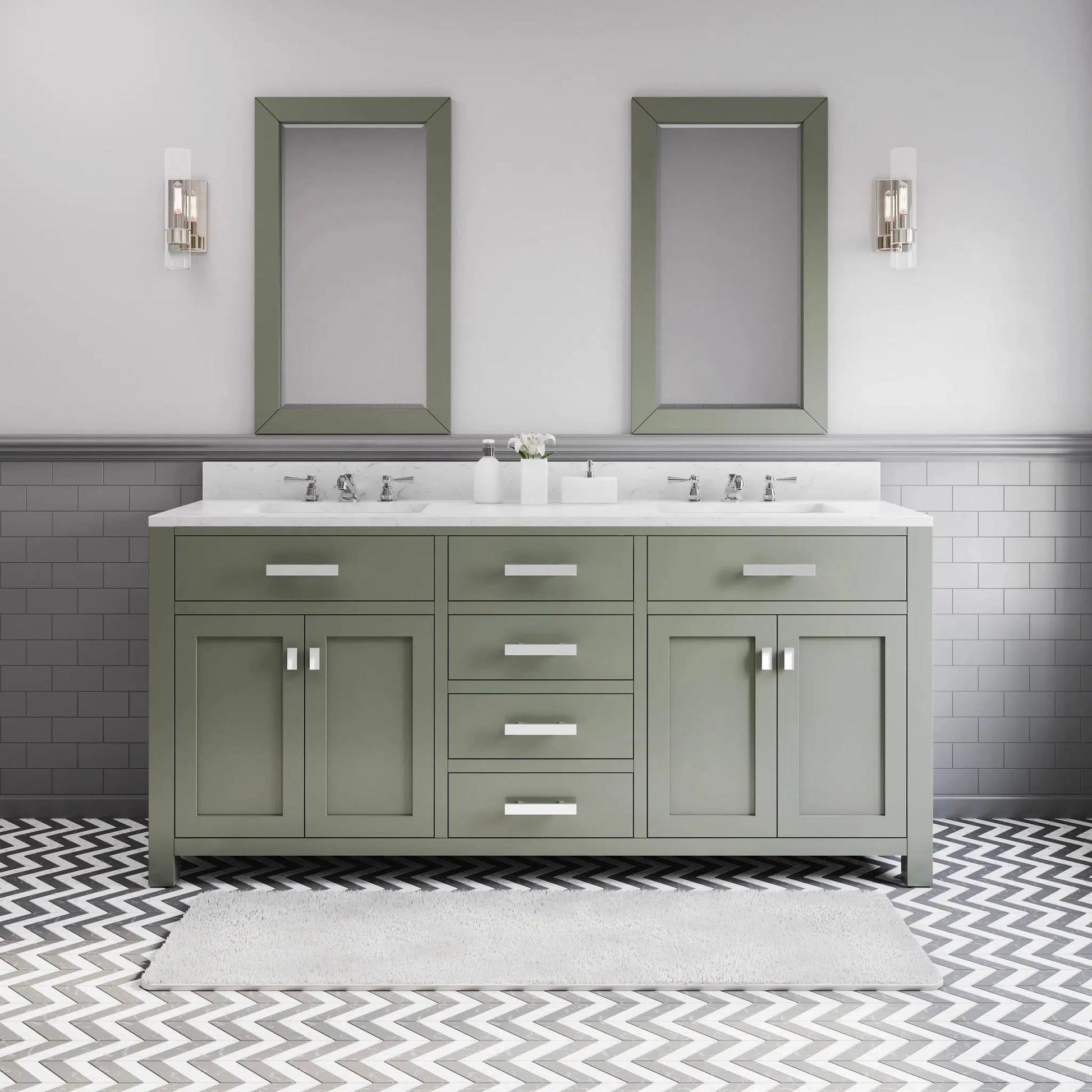 Water Creation Madison 72" Double Sink Carrara White Marble Countertop Vanity in Glacial Green with Mirror