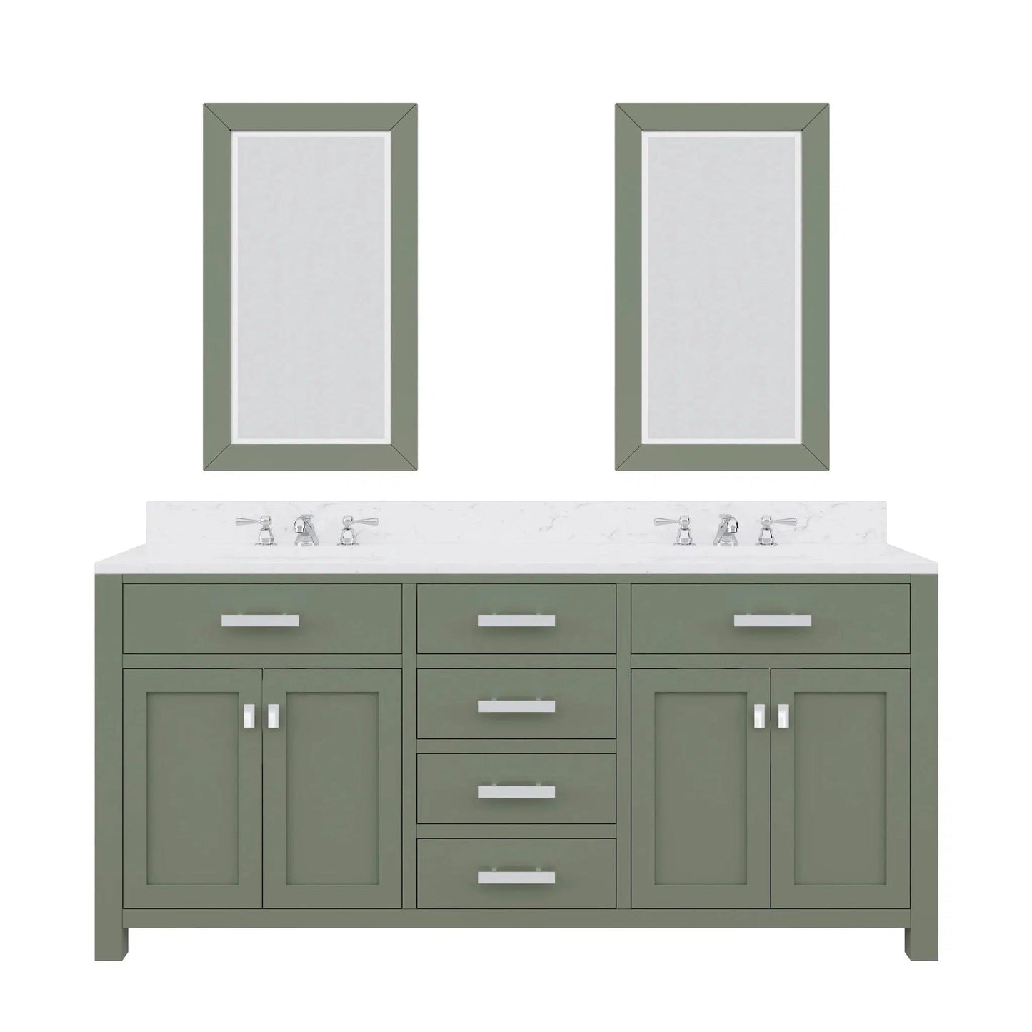 Water Creation Madison 72" Double Sink Carrara White Marble Countertop Vanity in Glacial Green with Widespread Faucet and Mirror