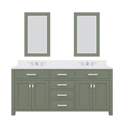 Water Creation Madison 72" Double Sink Carrara White Marble Countertop Vanity in Glacial Green with Widespread Faucet and Mirror