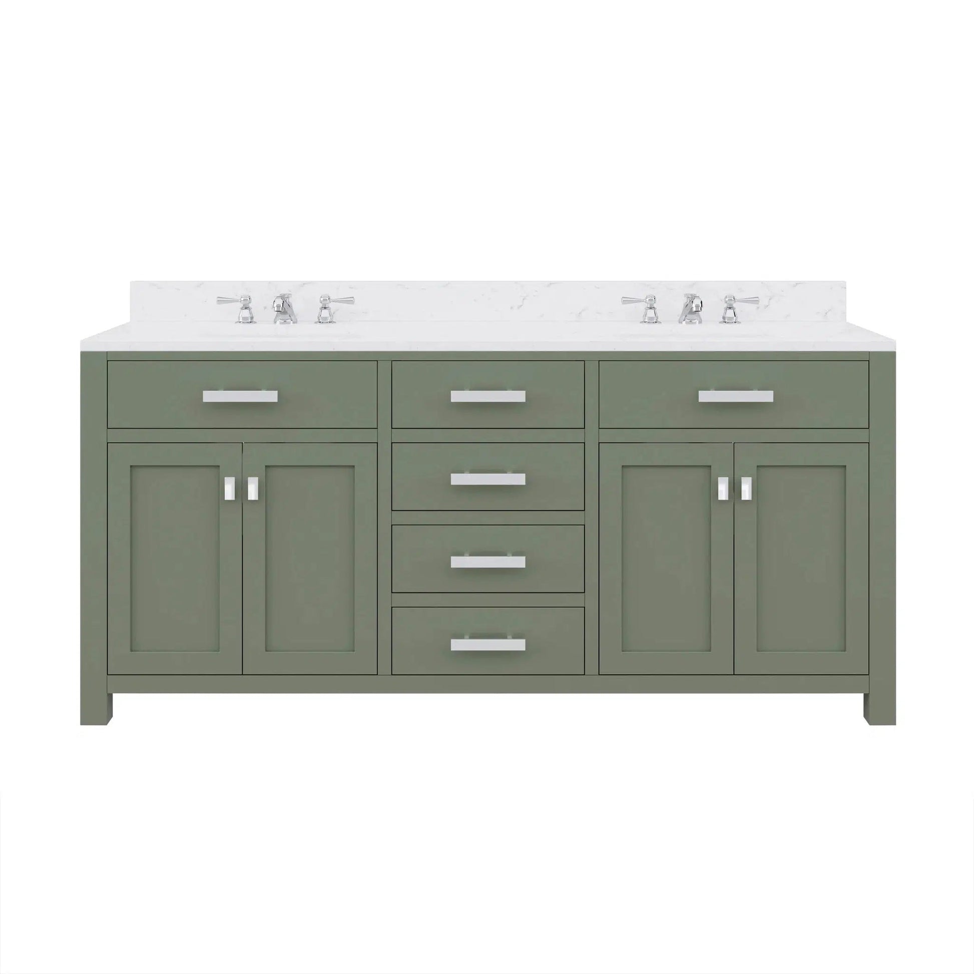Water Creation Madison 72" Double Sink Carrara White Marble Countertop Vanity in Glacial Green with Widespread Faucet and Mirror
