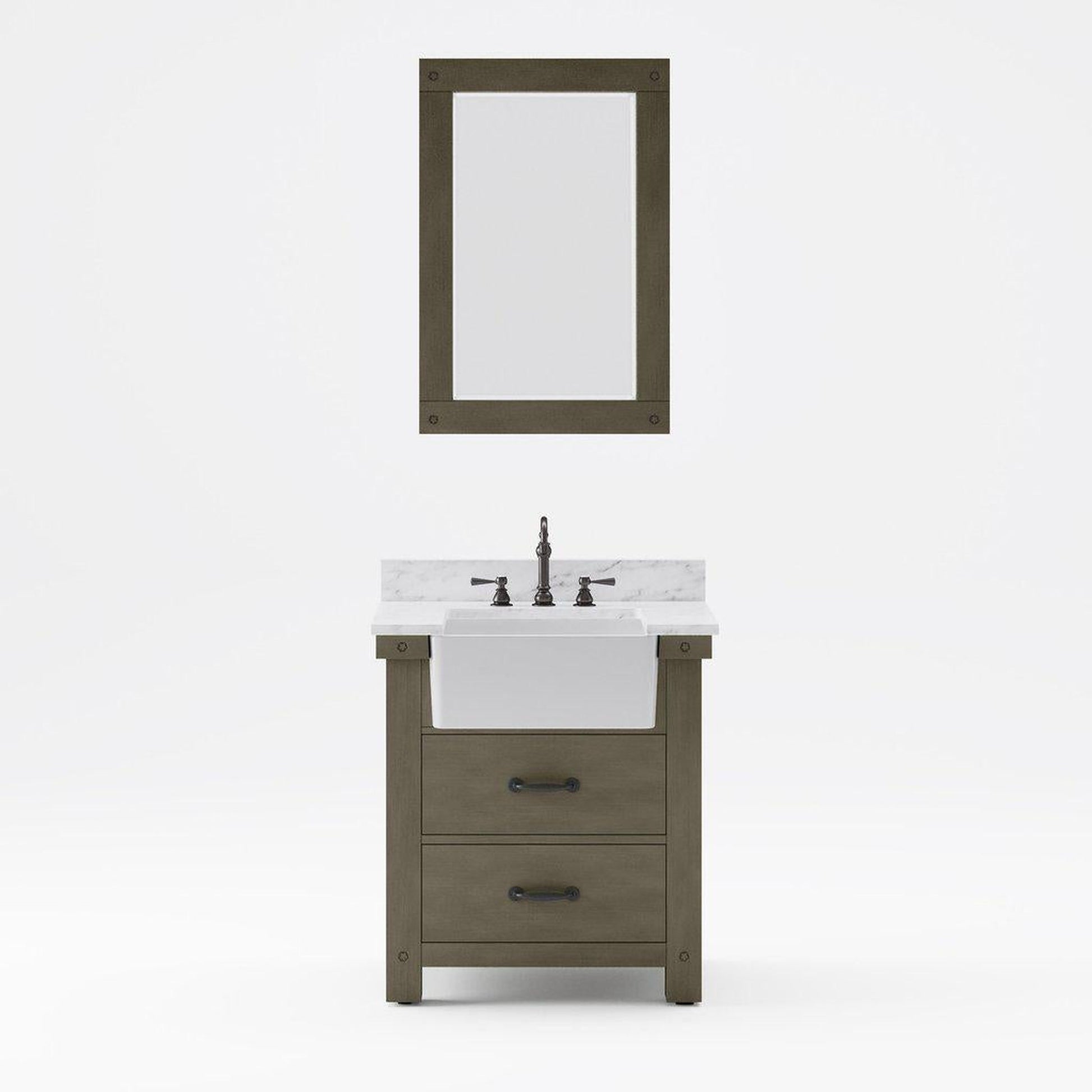 Water Creation Paisley 30" Single Sink Carrara White Marble Countertop Vanity in Grizzle Gray with 24" Rectangular Mirror