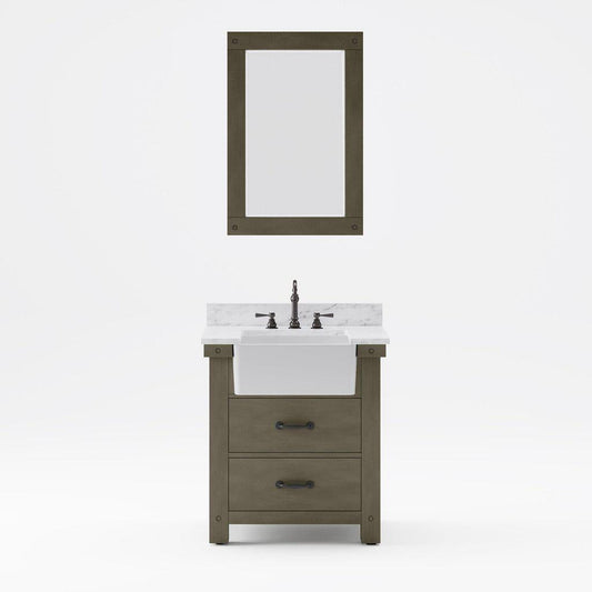 Water Creation Paisley 30" Single Sink Carrara White Marble Countertop Vanity in Grizzle Gray with 24" Rectangular Mirror