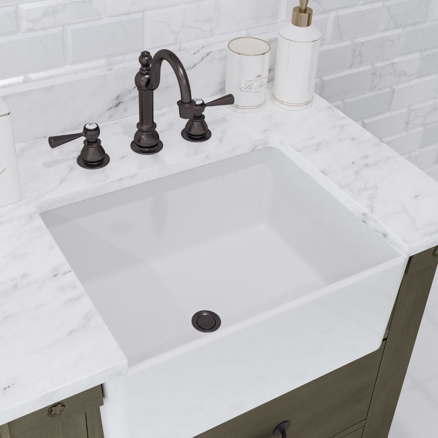 Water Creation Paisley 30" Single Sink Carrara White Marble Countertop Vanity in Grizzle Gray with Hook Faucet