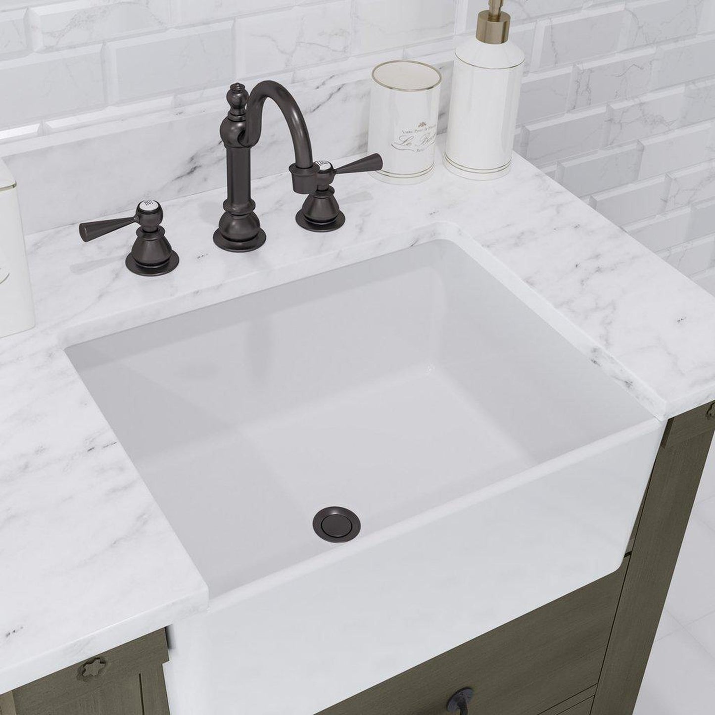 Water Creation Paisley 30" Single Sink Carrara White Marble Countertop Vanity in Grizzle Gray with Hook Faucet and 24" Rectangular Mirror